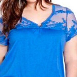 T-SHIRT, LACE YOKE & SLEEVES, BLUE MIX, SIZE 4X, ROUNDED V NECK, SHIRT TAIL HEM,